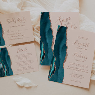 Modern Teal Rose Gold Agate Blush Wedding Details Enclosure Card