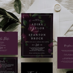 Moody Purple Blooms Black Pattern Wedding Invitation