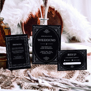 Modern Deco Elegant Onyx Black and White Wedding Invitation