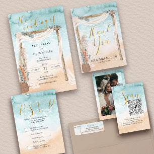 Boho Beach Arbor Watercolor Ocean Wedding Invitation
