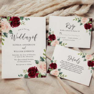 Burgundy & Blush Floral Gold Foil Text Wedding Foil Invitation