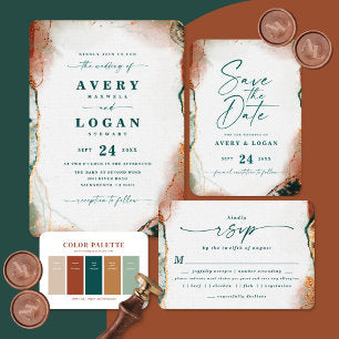 Modern Abstract Teal Real Rose Gold Wedding Foil Invitation