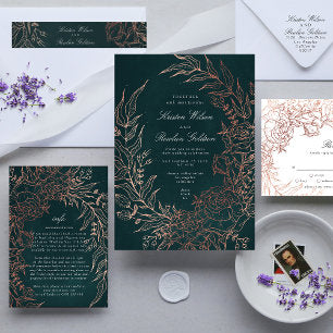 Rose Gold Flower Wreath Emerald Green Wedding Foil Invitation