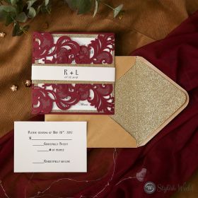 Vintage Burgundy Laser Cut Wedding Invitation With Gold Glittery Belly Band Swws079