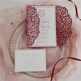 Vintage Burgundy Monogram Laser Cut Wedding Invitations Swws126