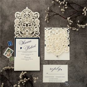 Exquisite Laser Cut Navy Blue And White Pocket Wedding Invitations Swws108