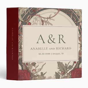 Vintage Art Nouveau Floral Cream Burgundy Wedding 3 Ring Binder