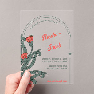 Vintage Art Nouveau Floral Transparent Wedding Acrylic Invitations