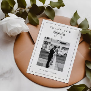 Vintage Black Coquette Bow Photo Flat Wedding Thank You Card