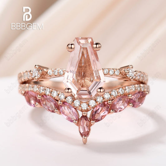Gothic Coffin Shaped Wedding Ring Set Morganite 14k Rose Gold Ring & Marquise Cut Pink Sapphire Ring