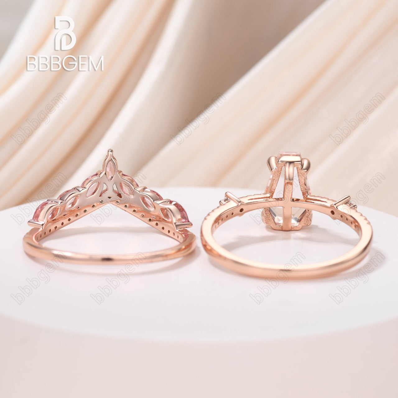 Gothic Coffin Shaped Wedding Ring Set Morganite 14k Rose Gold Ring & Marquise Cut Pink Sapphire Ring