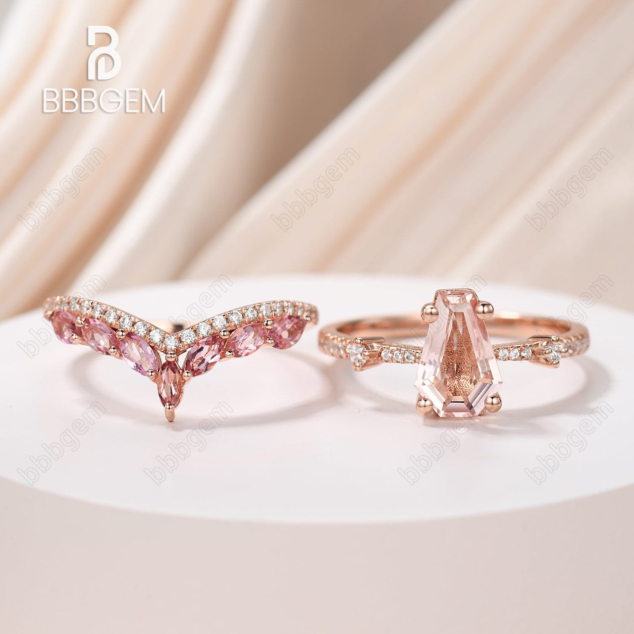 Gothic Coffin Shaped Wedding Ring Set Morganite 14k Rose Gold Ring & Marquise Cut Pink Sapphire Ring