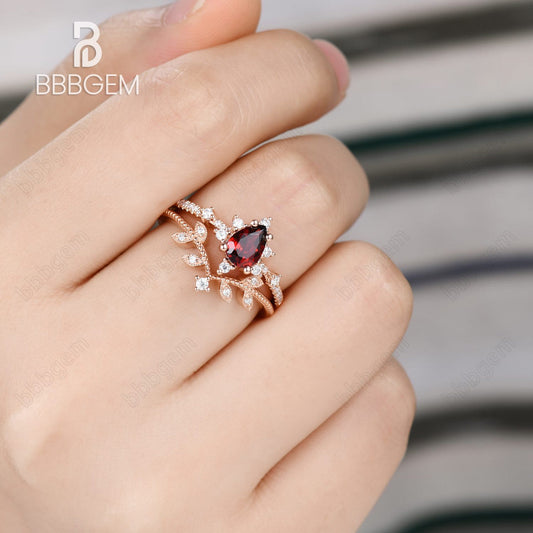 14K/18K Rose Gold Vintage Pear Cut Natural Garnet Statement Ring Set January New Year Gift