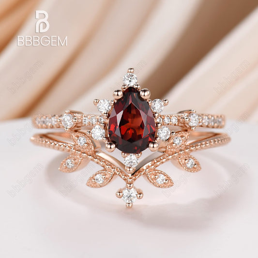 14K/18K Rose Gold Vintage Pear Cut Natural Garnet Statement Ring Set January New Year Gift