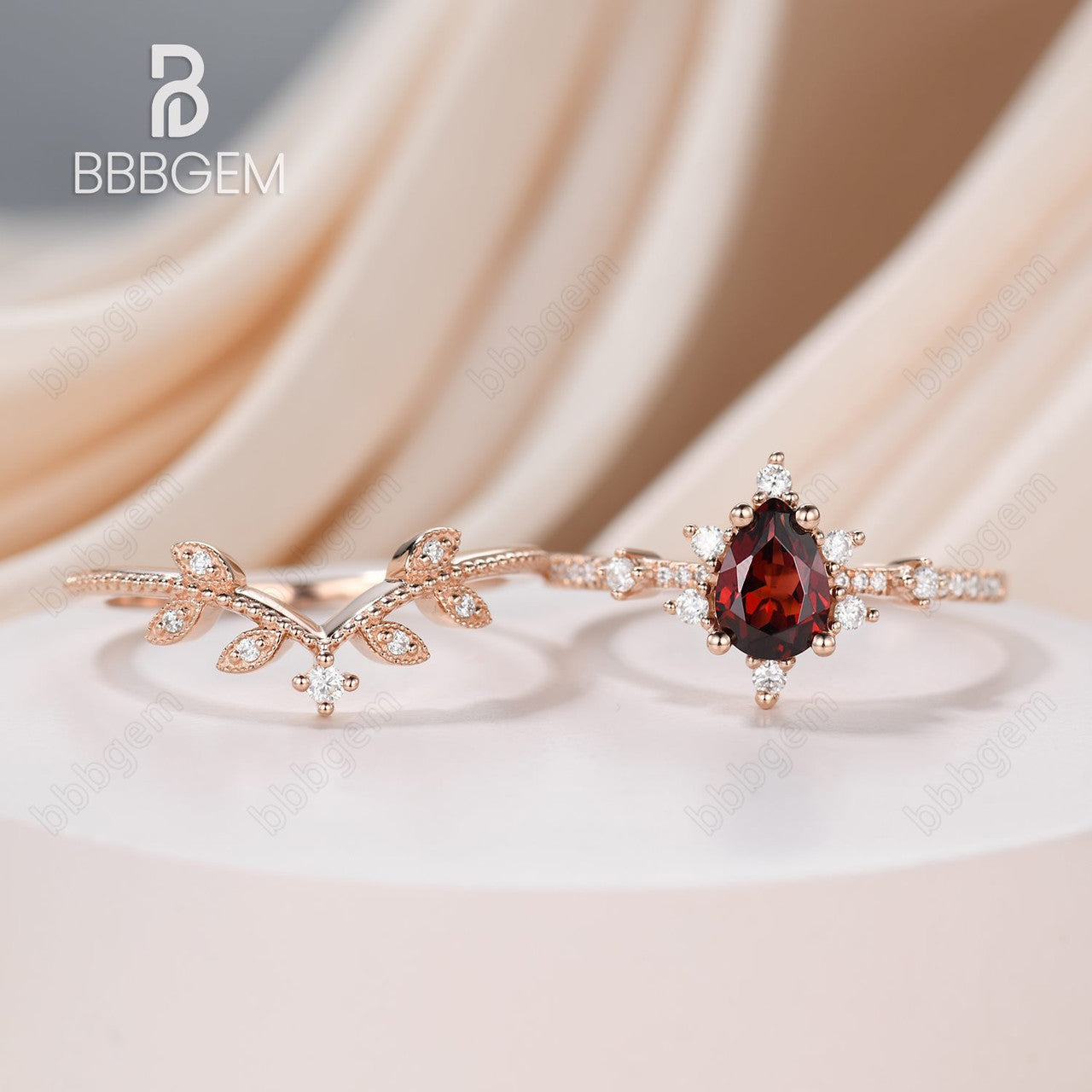 14K/18K Rose Gold Vintage Pear Cut Natural Garnet Statement Ring Set January New Year Gift