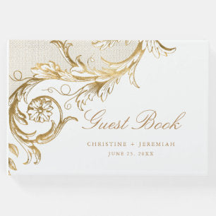 Vintage Gold Floral Damask Script White Wedding Guest Book