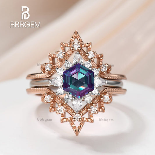 3 Pieces Moissanite Hexagon Alexandrite Ring Set White & Rose Gold With Diamond Leaf Vintage Band