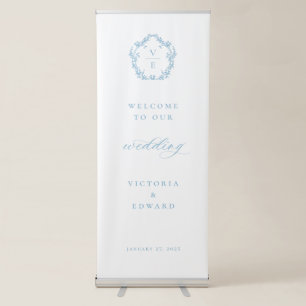 Vintage Light Blue Botanical Crest Wedding Welcome Retractable Banner