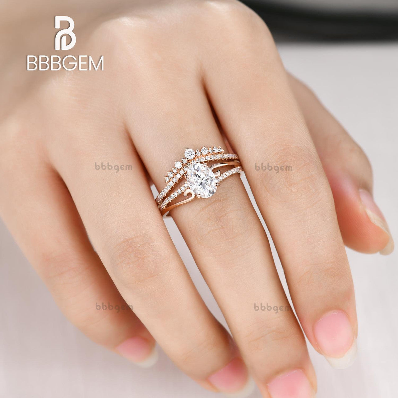 14K Rose Gold Moissanite Engagement Ring Set Vintage Curved Diamond Wedding Ring Set