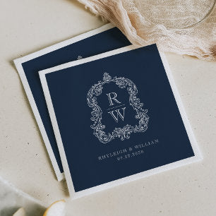 Vintage Monogram Crest Names Navy Blue Wedding Napkins