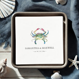 Watercolor Blue Crab Beach Wedding Personalized Napkins