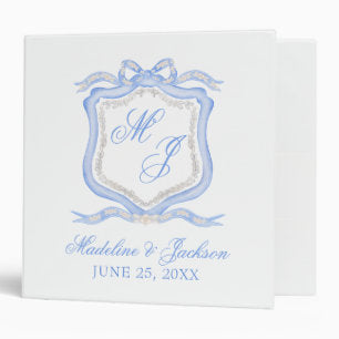 Watercolor Designer Blue Monogram Crest Wedding 3 Ring Binder