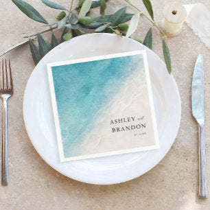Watercolor Ocean Summer Blue Beach Wedding Napkins