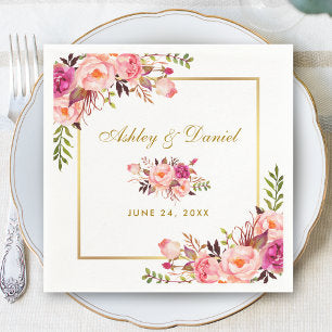Watercolor Pink Blush Floral Gold Wedding Napkins