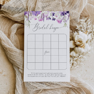 Watercolor purple floral bridal shower bingo game
