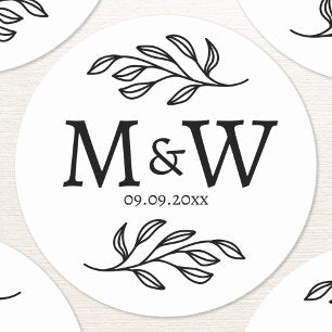 Wedding Couple Monogram Date Elegant Botanical Classic Round Sticker
