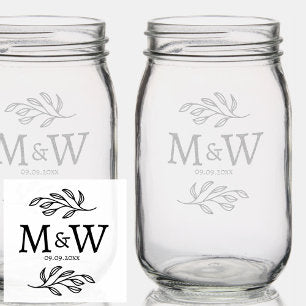 Wedding Couple Monogram Date Elegant Botanical Mason Jar
