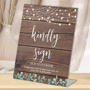 Wedding Guest Rustic Wood Greenery String Lights Pedestal Sign