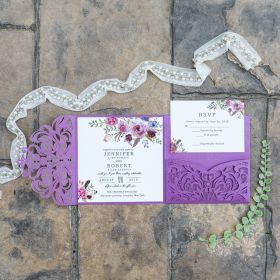 Classic Fall Magenta Shades Of Purple Floral Pocket Laser Cut Wedding Invitations Swws202