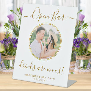 Wedding Open Bar Personalized Elegant Gold Photo Pedestal Sign