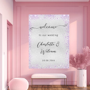Wedding silver violet sparkles welcome poster
