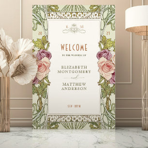 Welcome Sign Pink Roses Vintage Art Nouveau Mucha