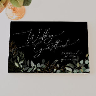 Whimsical Greenery and Gold Black Wedding Guest Book