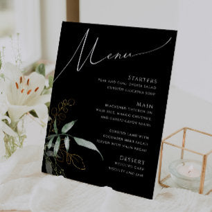 Whimsical Greenery and Gold Black Wedding Menu Pedestal Sign