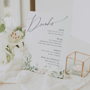Whimsical Greenery and Gold Wedding Drinks Menu Pedestal Sign