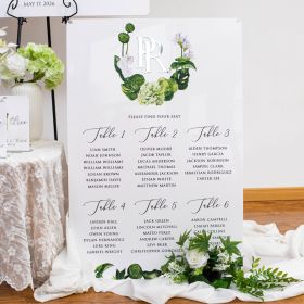 Whimsical Orchid & Hydrangea Display White Acrylic Seating Chart CS134