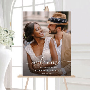 Whimsical White Calligraphy Photo Wedding Welcome Foam Board