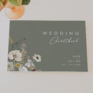 Whimsical Wildflower Meadow Sage Green Wedding Guest Book