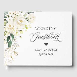 White Rose Greenery Gold Floral Wedding Guest Book
