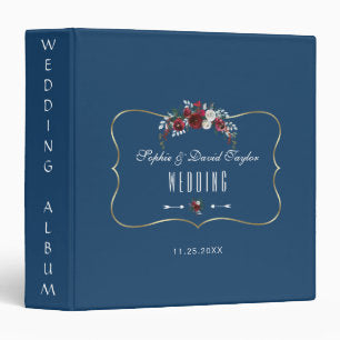 Winter Burgundy Floral Navy Gold Wedding Album 3 Ring Binder