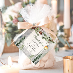 Winter Rustic Pine Trees Lantern Wedding Thank You Favor Tags