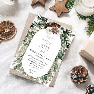 Winter White Floral & Pine 2 Wedding Invitation