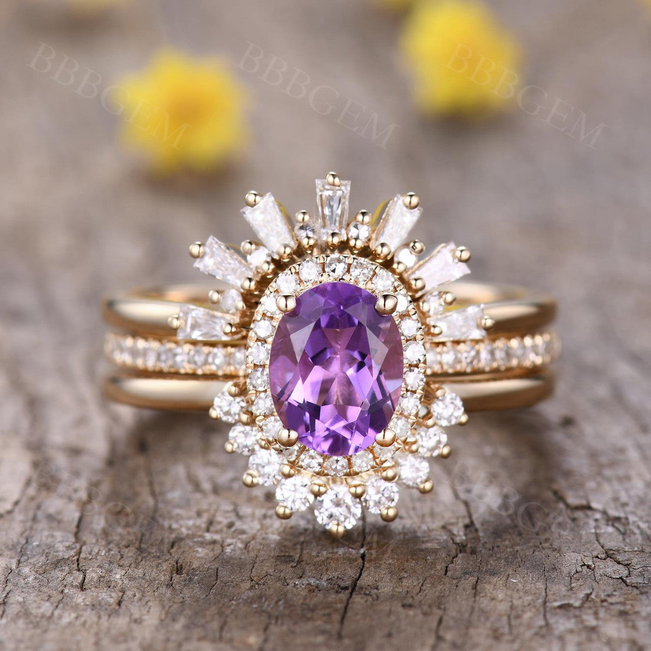 3pcs Vintage Oval Cut Purple Natural Amethyst Bridal Set Diamond Wedding Band Cocktail Ring