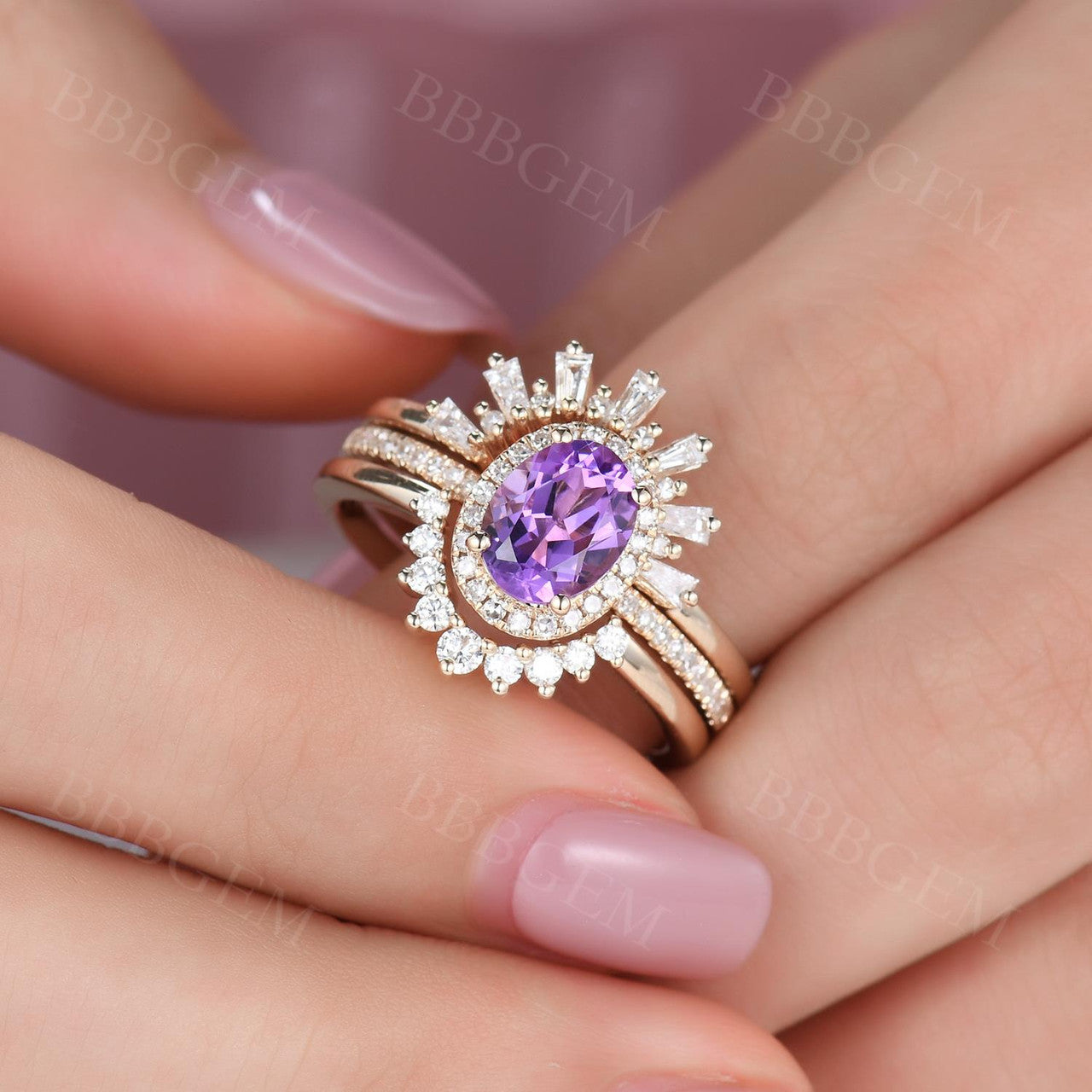 3pcs Vintage Oval Cut Purple Natural Amethyst Bridal Set Diamond Wedding Band Cocktail Ring
