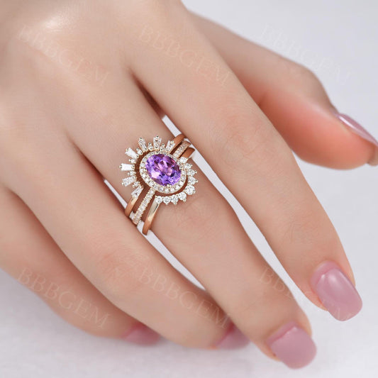 3pcs Vintage Oval Cut Purple Natural Amethyst Bridal Set Diamond Wedding Band Cocktail Ring