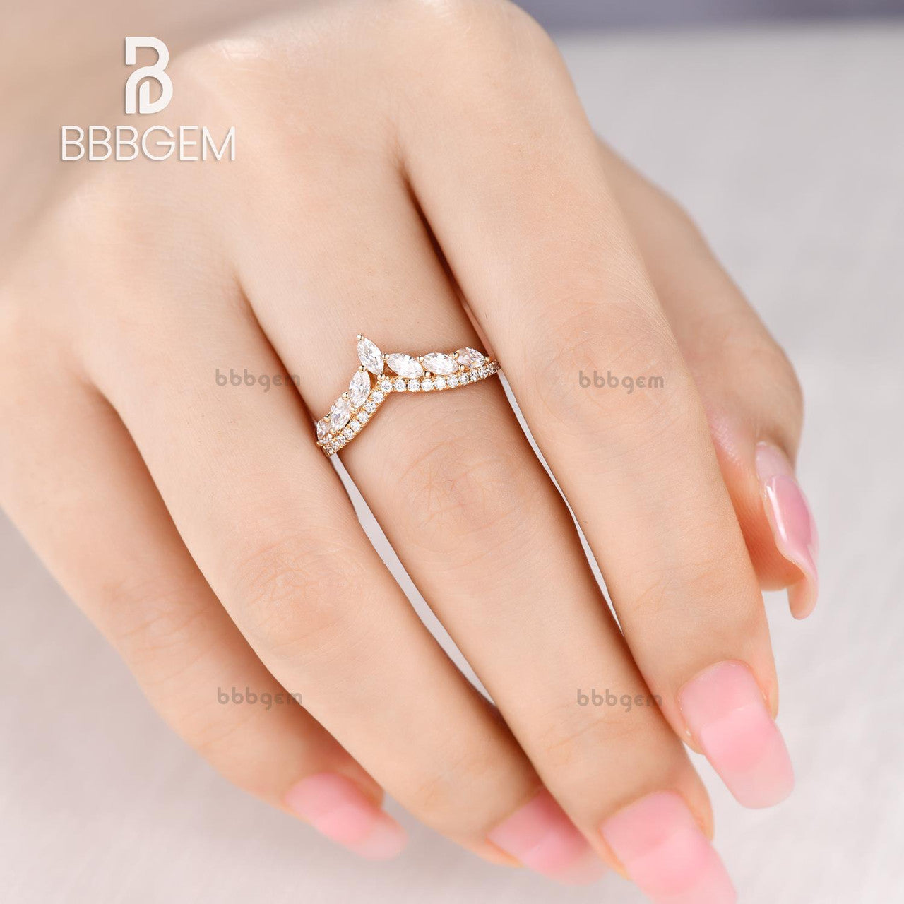 14K/18K Gold Unique Marquise And Round Moissanite Wedding Band for Women Half Eternity